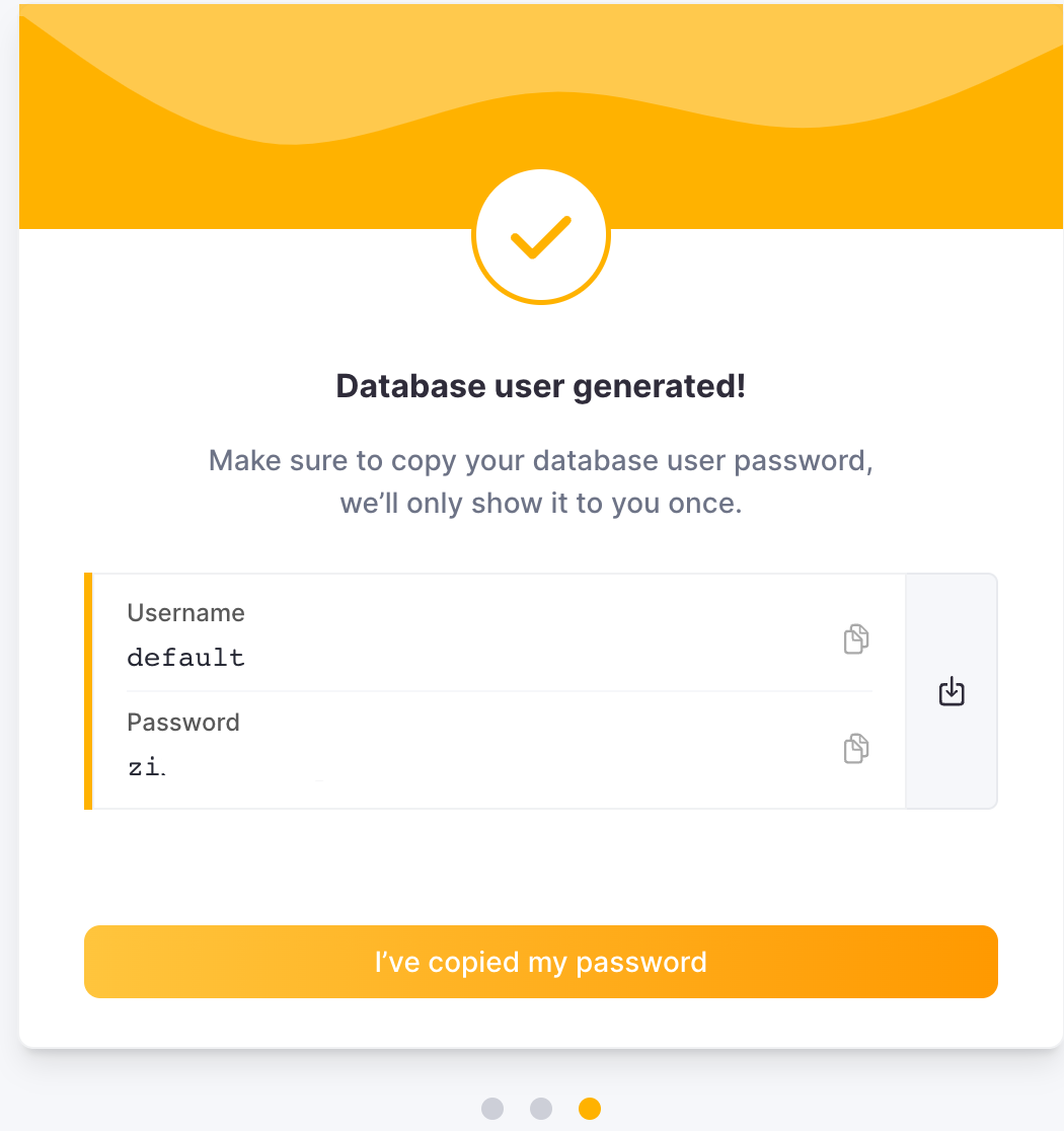 ClickHouse Cloud Credentials screen showing username and password