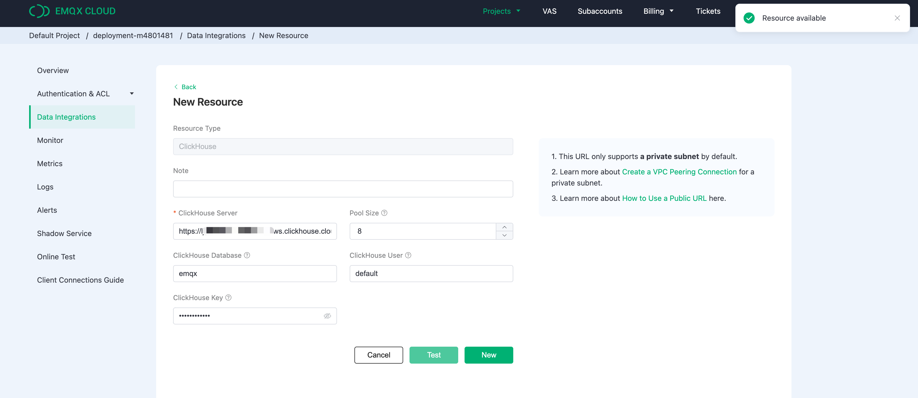 EMQX Cloud ClickHouse Resource Setup form with connection details