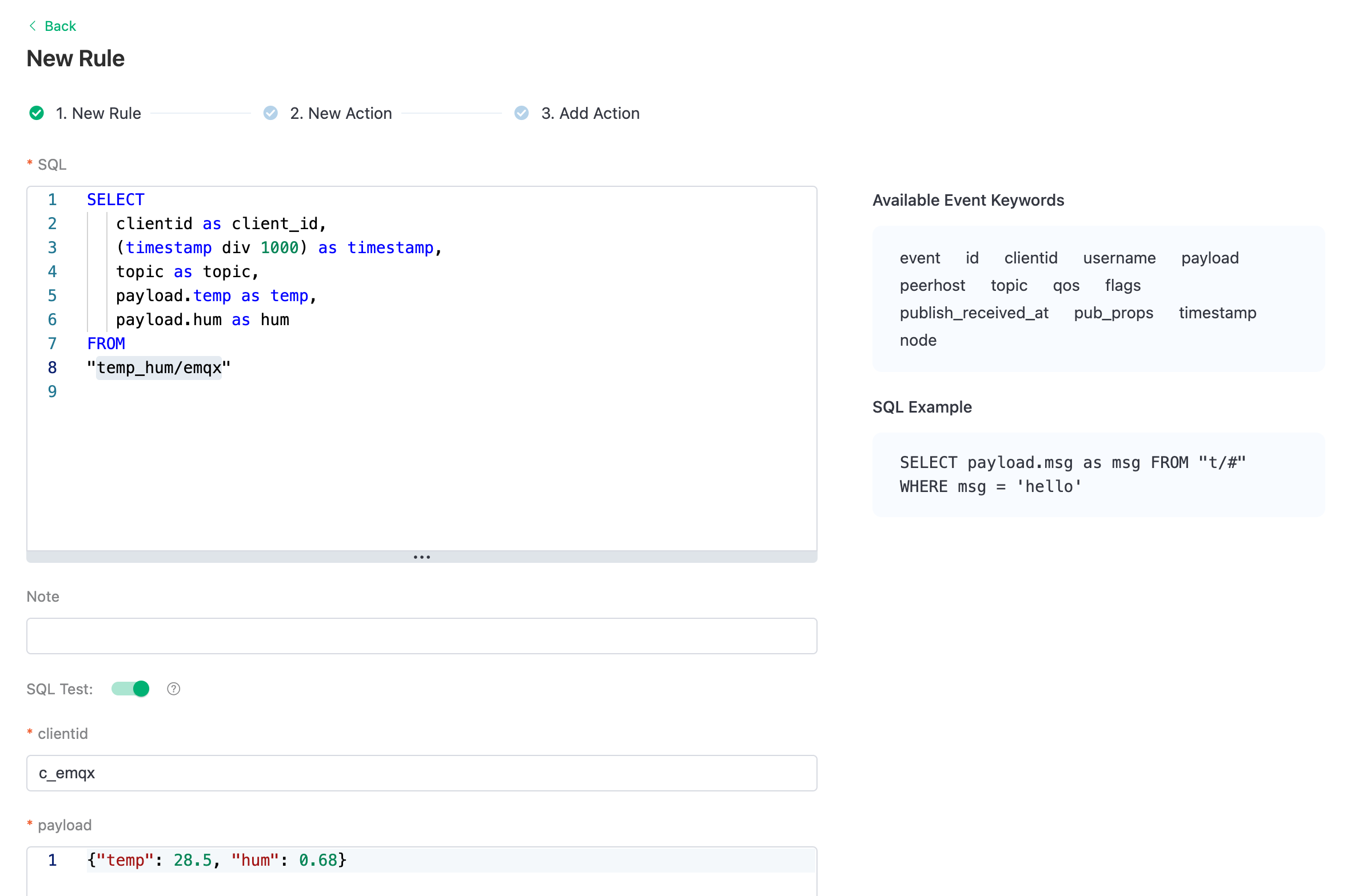 EMQX Cloud Data Integration Rule Creation Step 1 showing SQL query