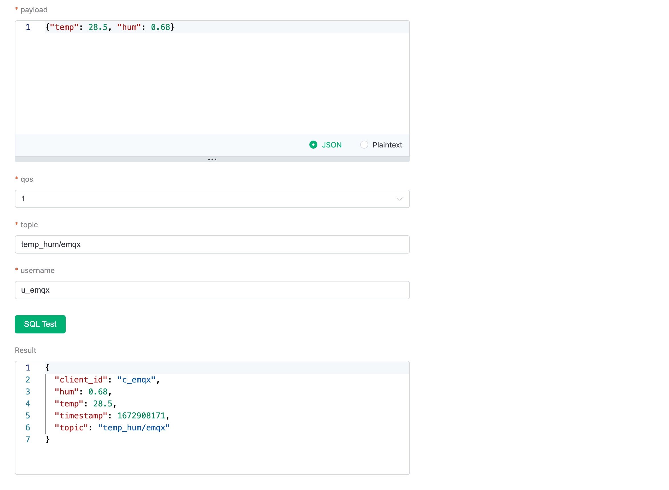 EMQX Cloud Data Integration Rule Creation Step 2 showing test results