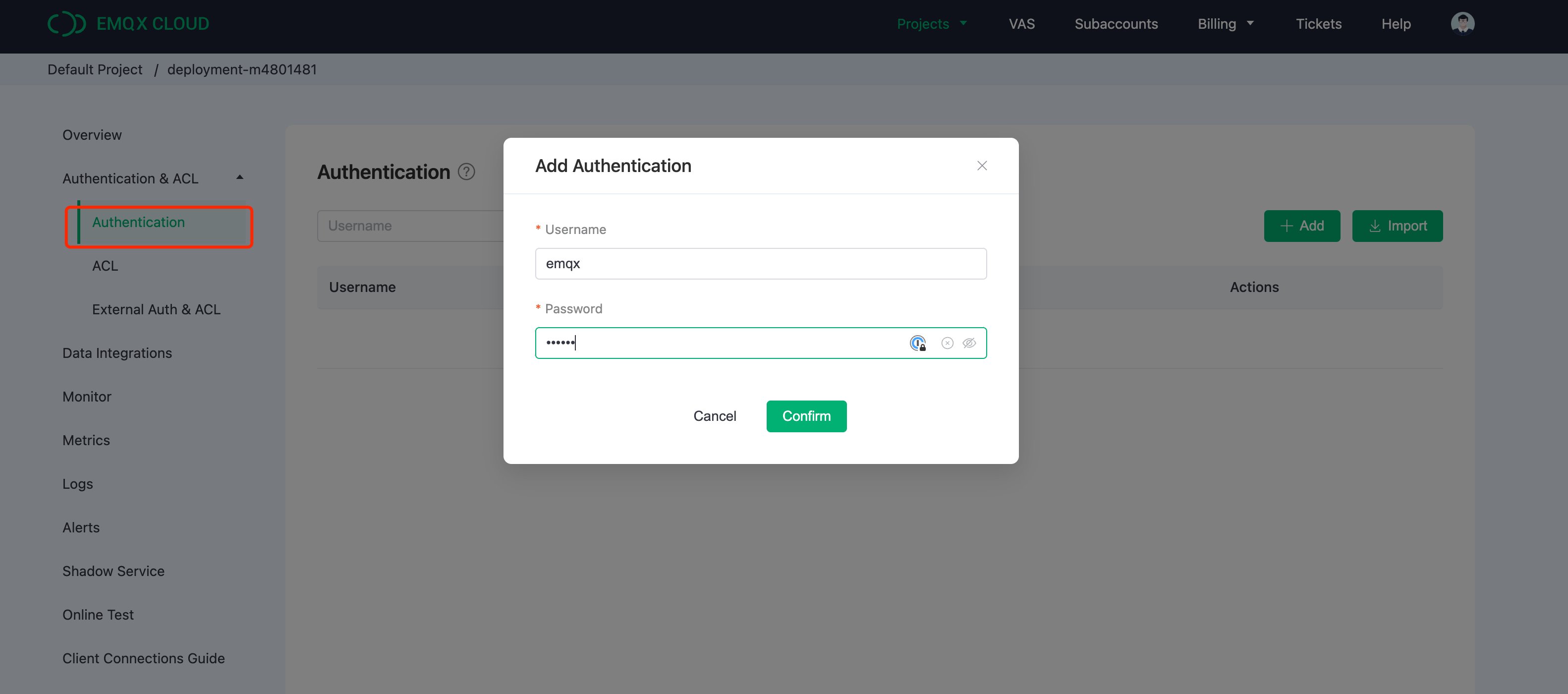 EMQX Cloud Authentication Setup interface for adding credentials
