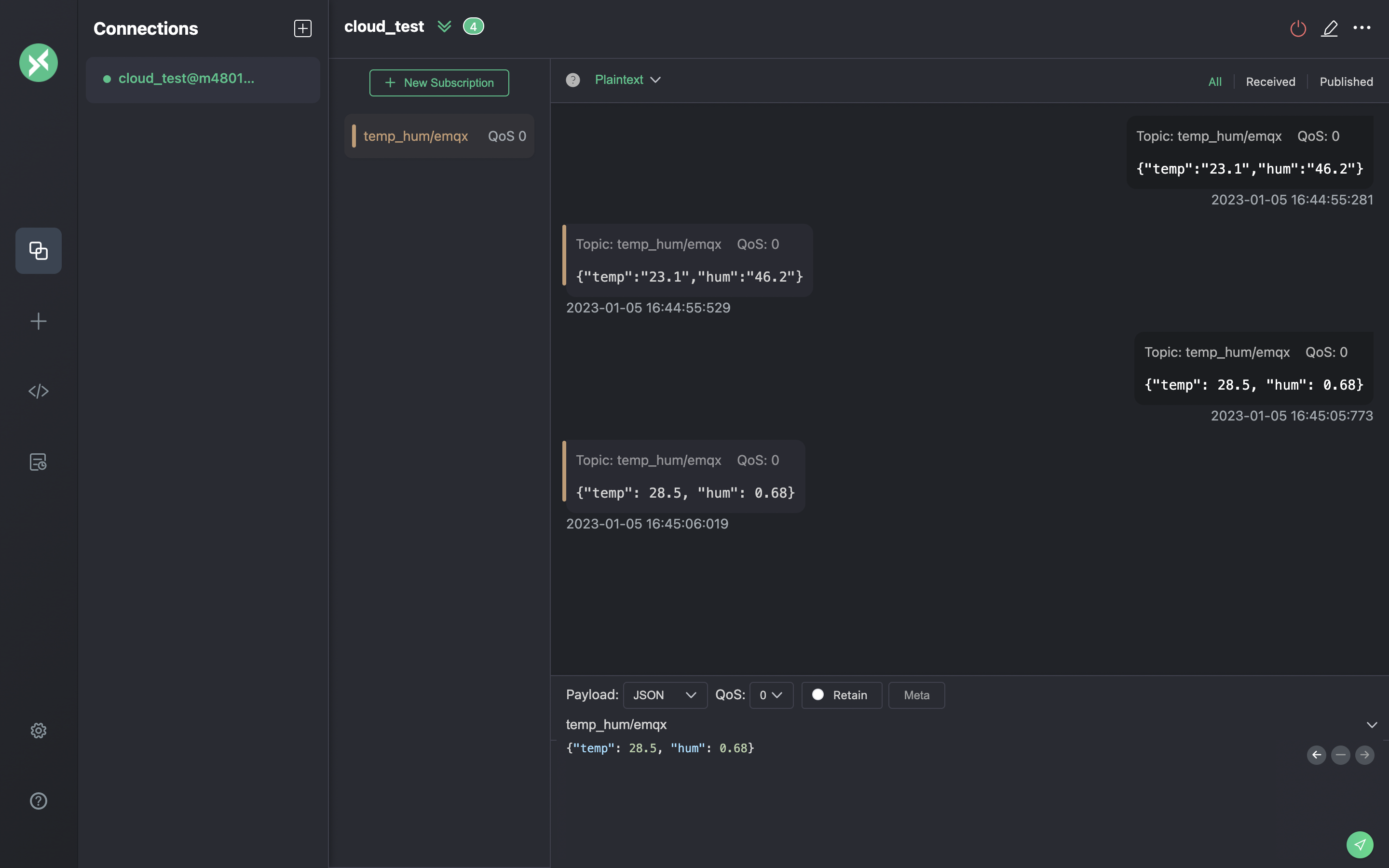 MQTTX Publish MQTT Messages interface showing message composition