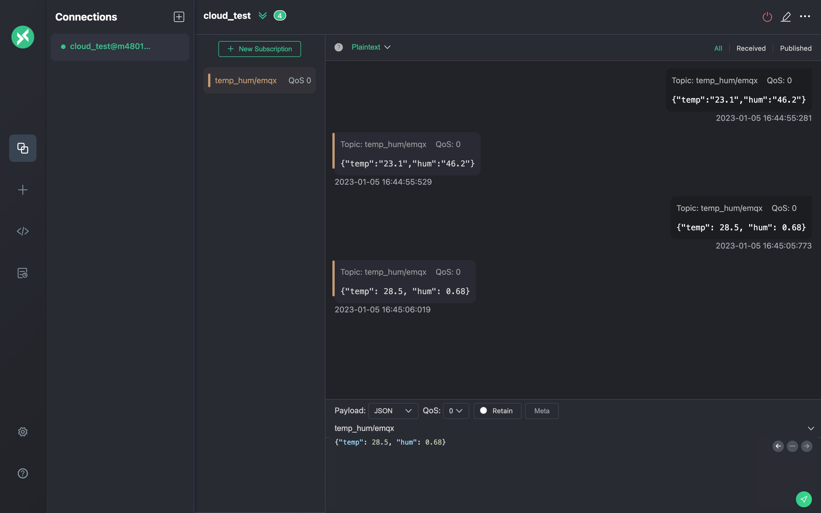 MQTTX Publish MQTT Messages interface showing message composition