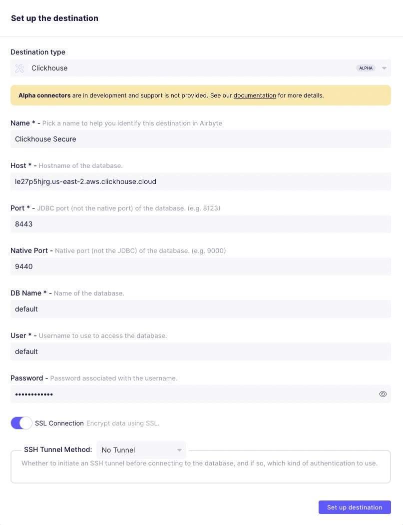 Создание пункта назначения ClickHouse в Airbyte