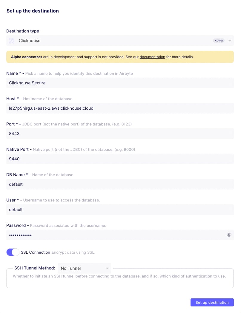 Создание пункта назначения ClickHouse в Airbyte