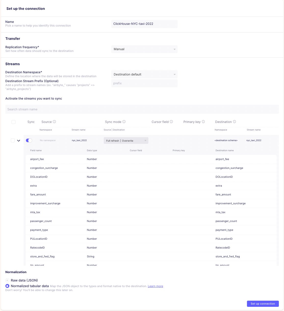 Создание подключения в Airbyte