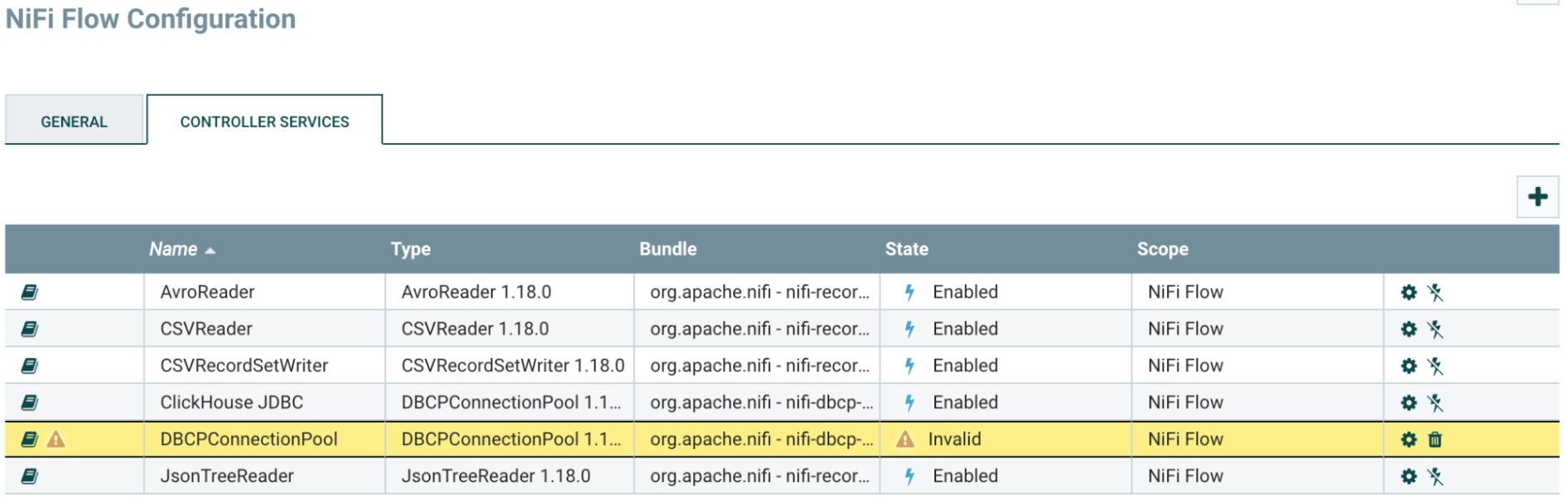Список Controller Services с недопустимым DBCPConnectionPool и выделенной кнопкой с шестерёнкой