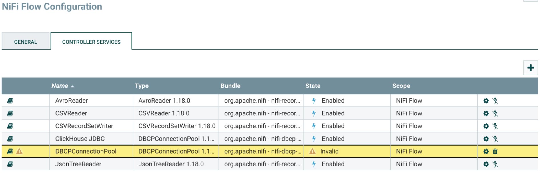 Список Controller Services с недопустимым DBCPConnectionPool и выделенной кнопкой с шестерёнкой