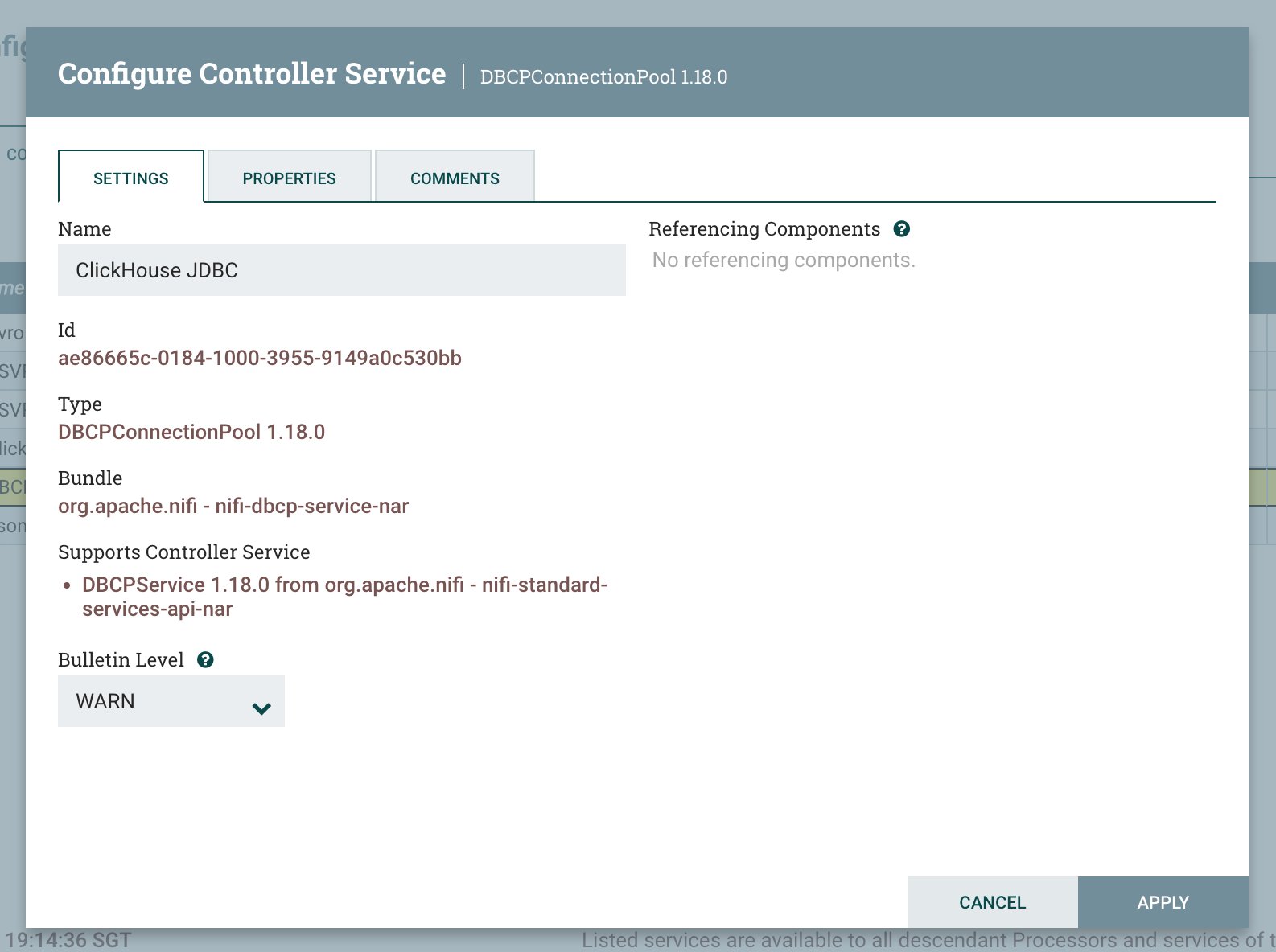 Диалог настройки DBCPConnectionPool с заполненными свойствами