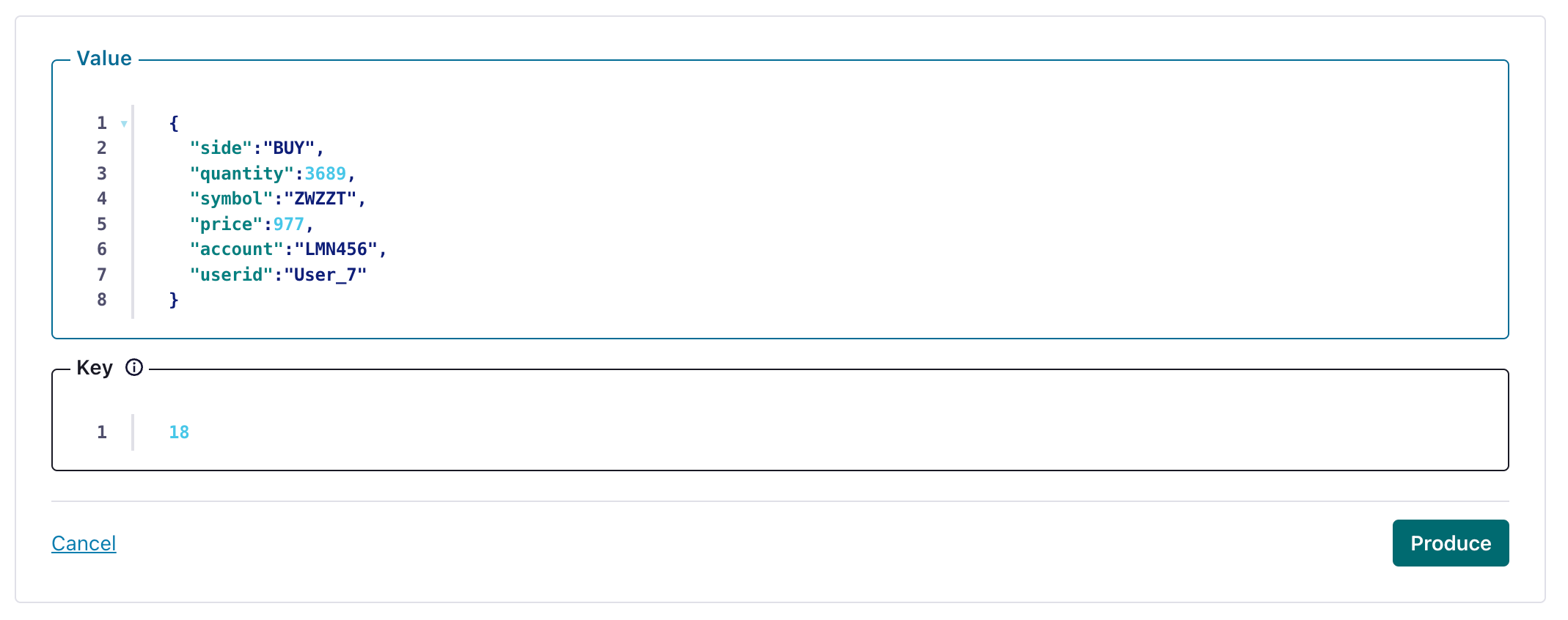 Interface do Confluent Cloud mostrando como criar uma mensagem de teste em um tópico do Kafka