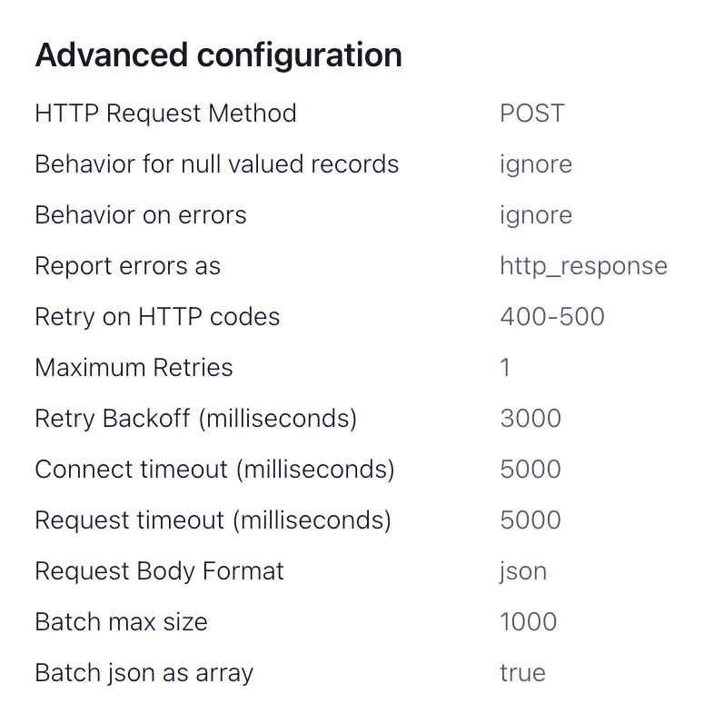 Interface do Confluent Cloud mostrando opções avançadas de configuração do conector HTTP Sink