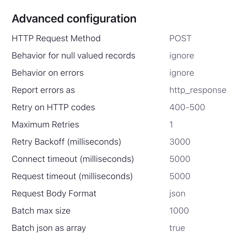 Interface do Confluent Cloud mostrando opções avançadas de configuração do conector HTTP Sink