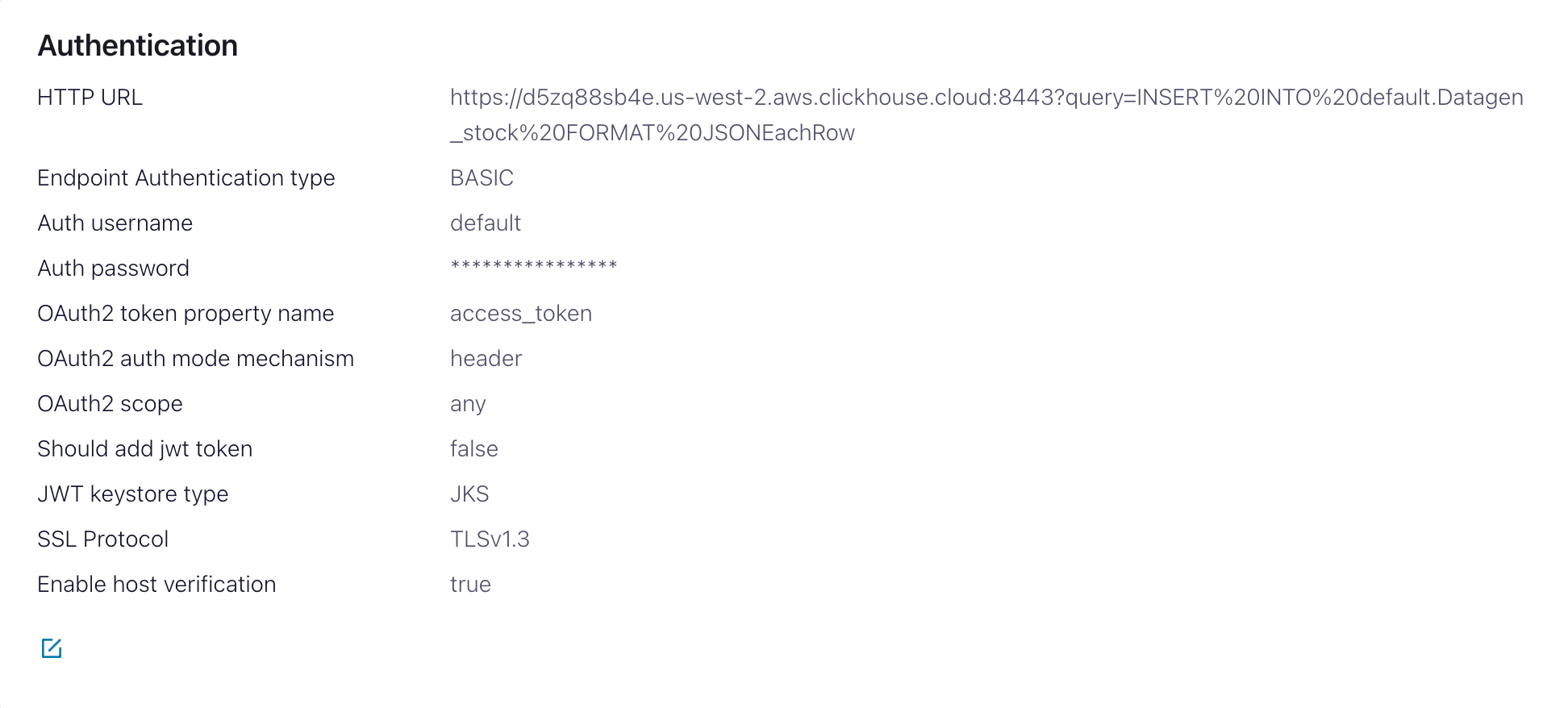 Interface do Confluent Cloud mostrando as configurações de autenticação do conector HTTP Sink