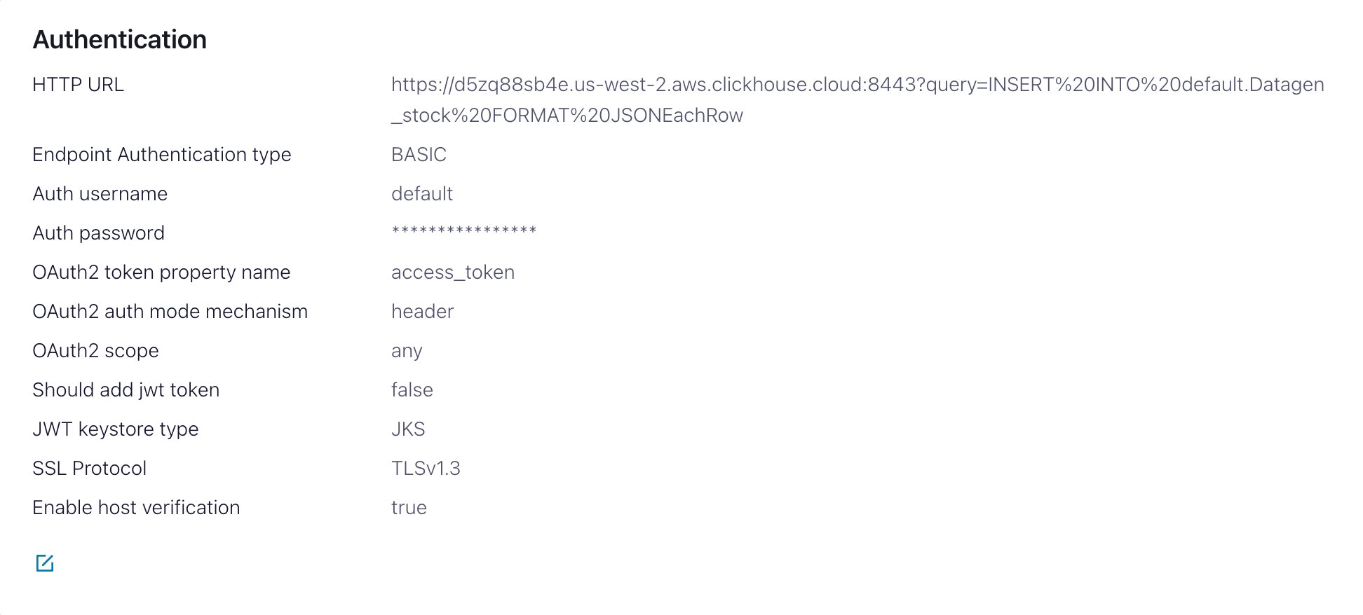 Interface do Confluent Cloud mostrando as configurações de autenticação do conector HTTP Sink