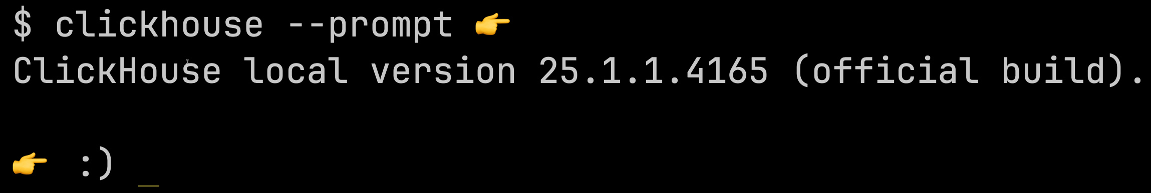 Prompt do ClickHouse client com emoji de dedo