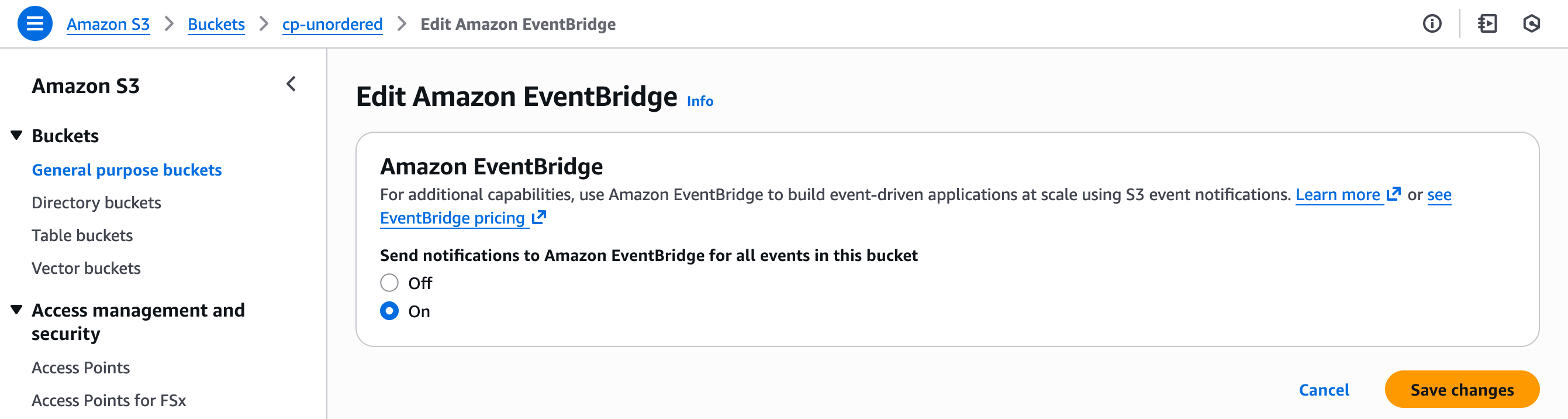 Включение уведомлений Amazon EventBridge в свойствах S3 бакета