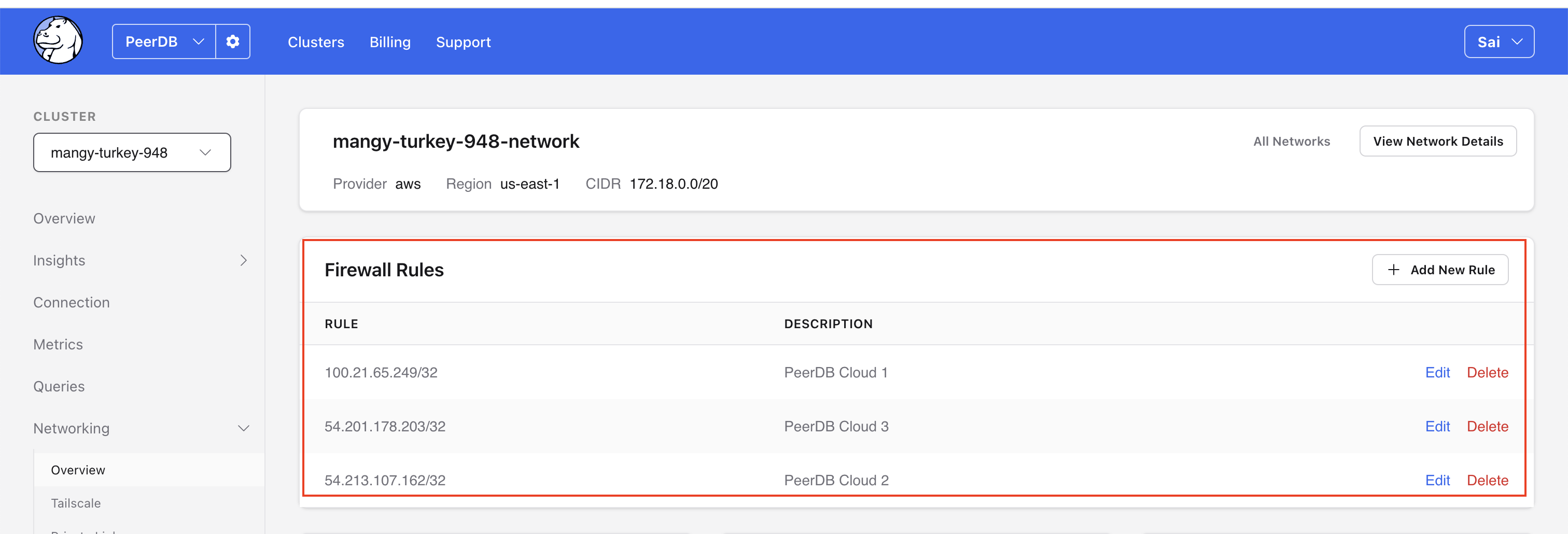 Adicione as regras de firewall para o ClickPipes