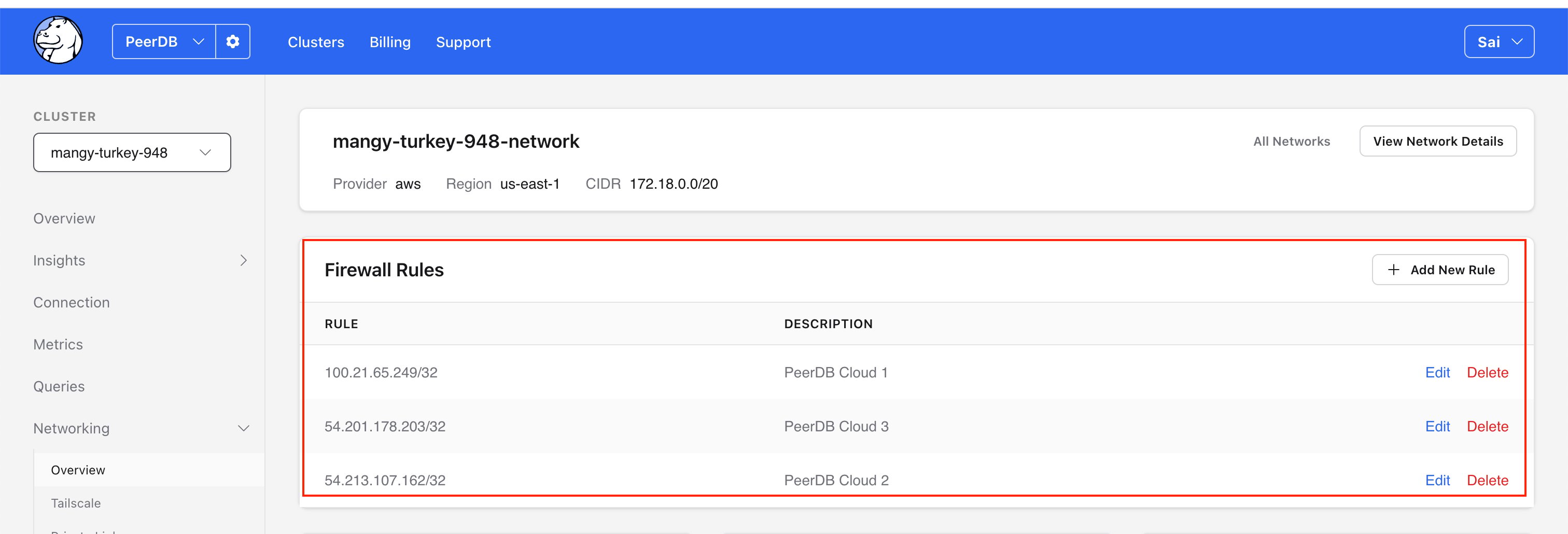 Adicione as regras de firewall para o ClickPipes