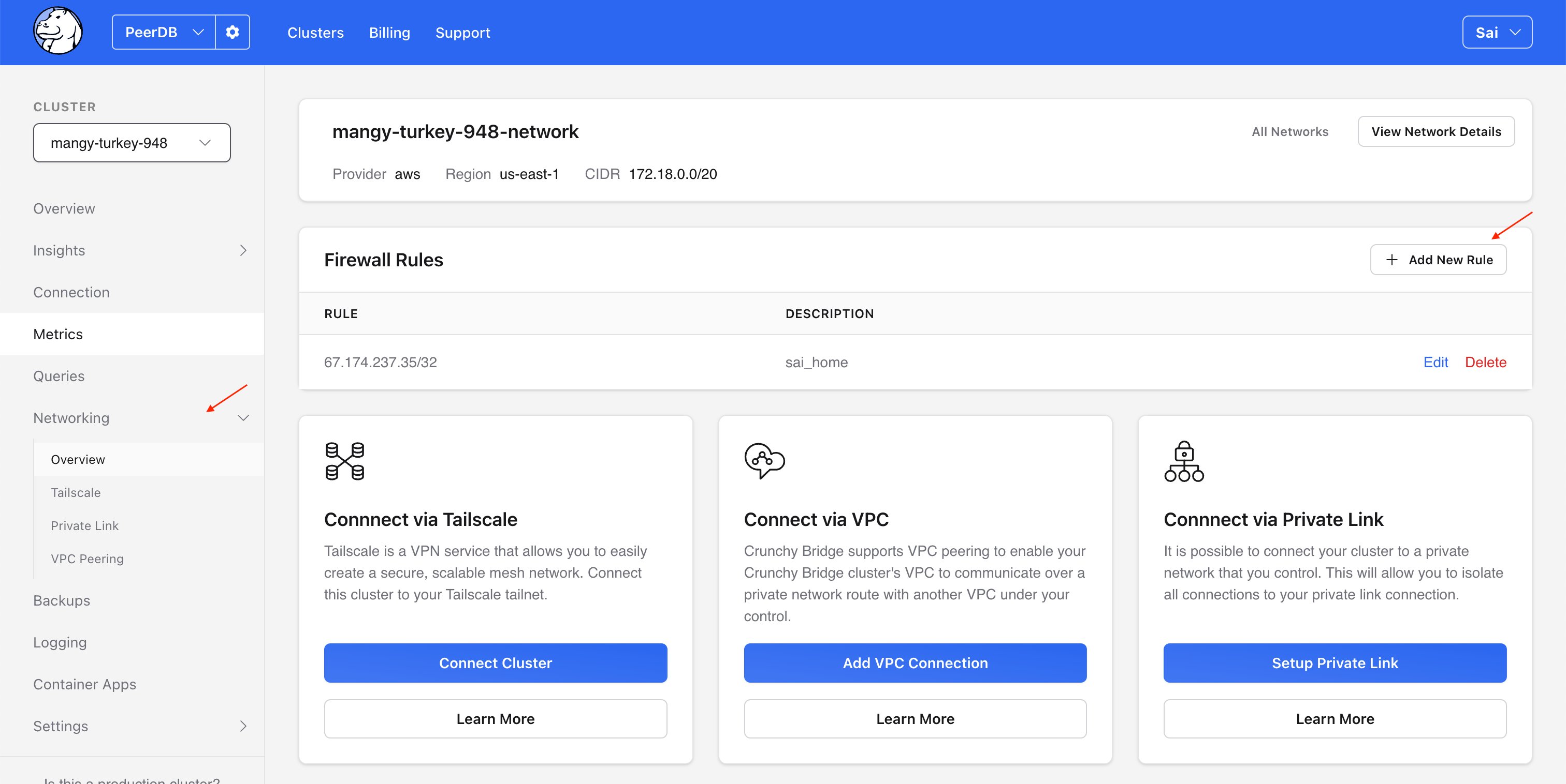 Onde encontrar as regras de firewall no Crunchy Bridge?