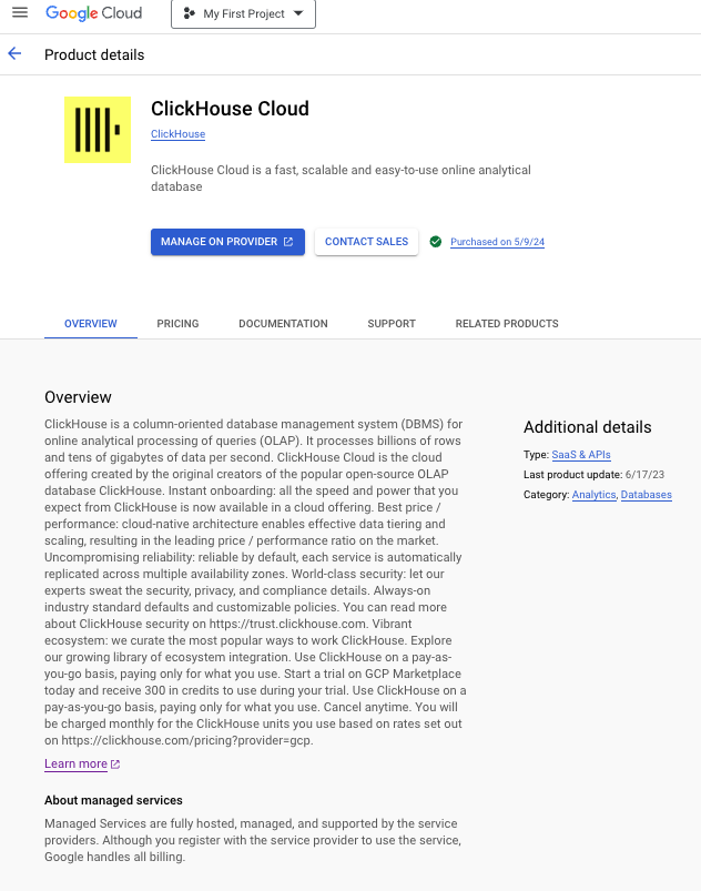GCP Marketplace ClickHouse Cloud 页面