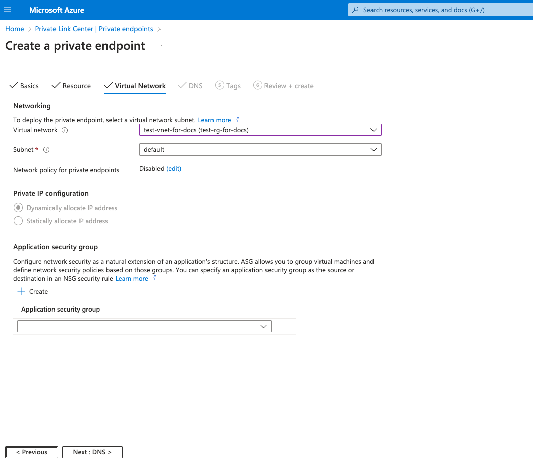 Seleção da Virtual Network do Private Endpoint