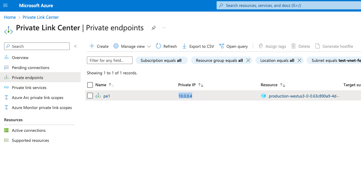 Endereço IP do Private Endpoint
