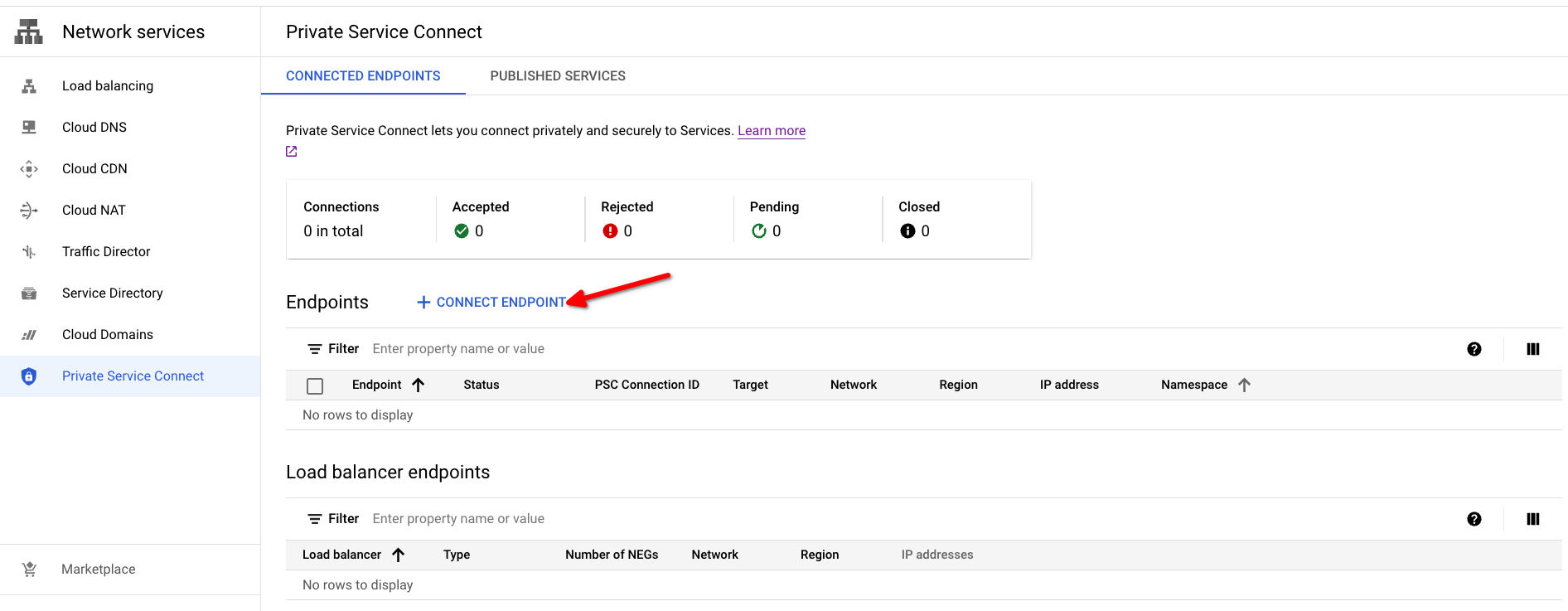 Google Cloud コンソールで Private Service Connect を開く