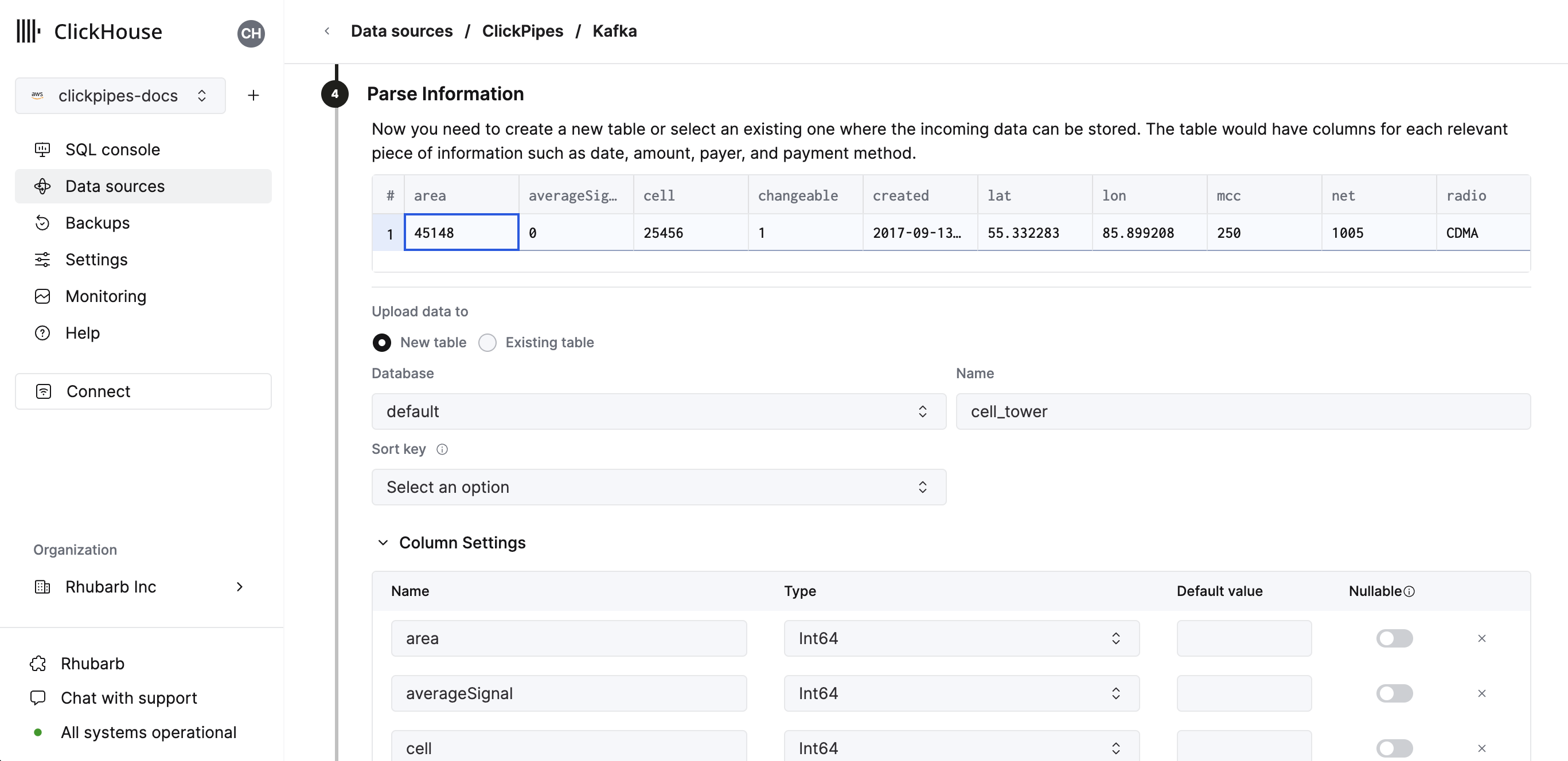 Definir tabela, esquema e configurações