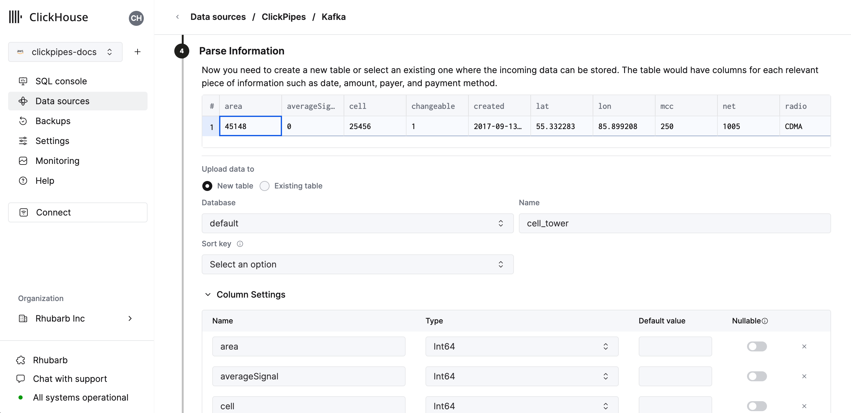 Definir tabela, esquema e configurações