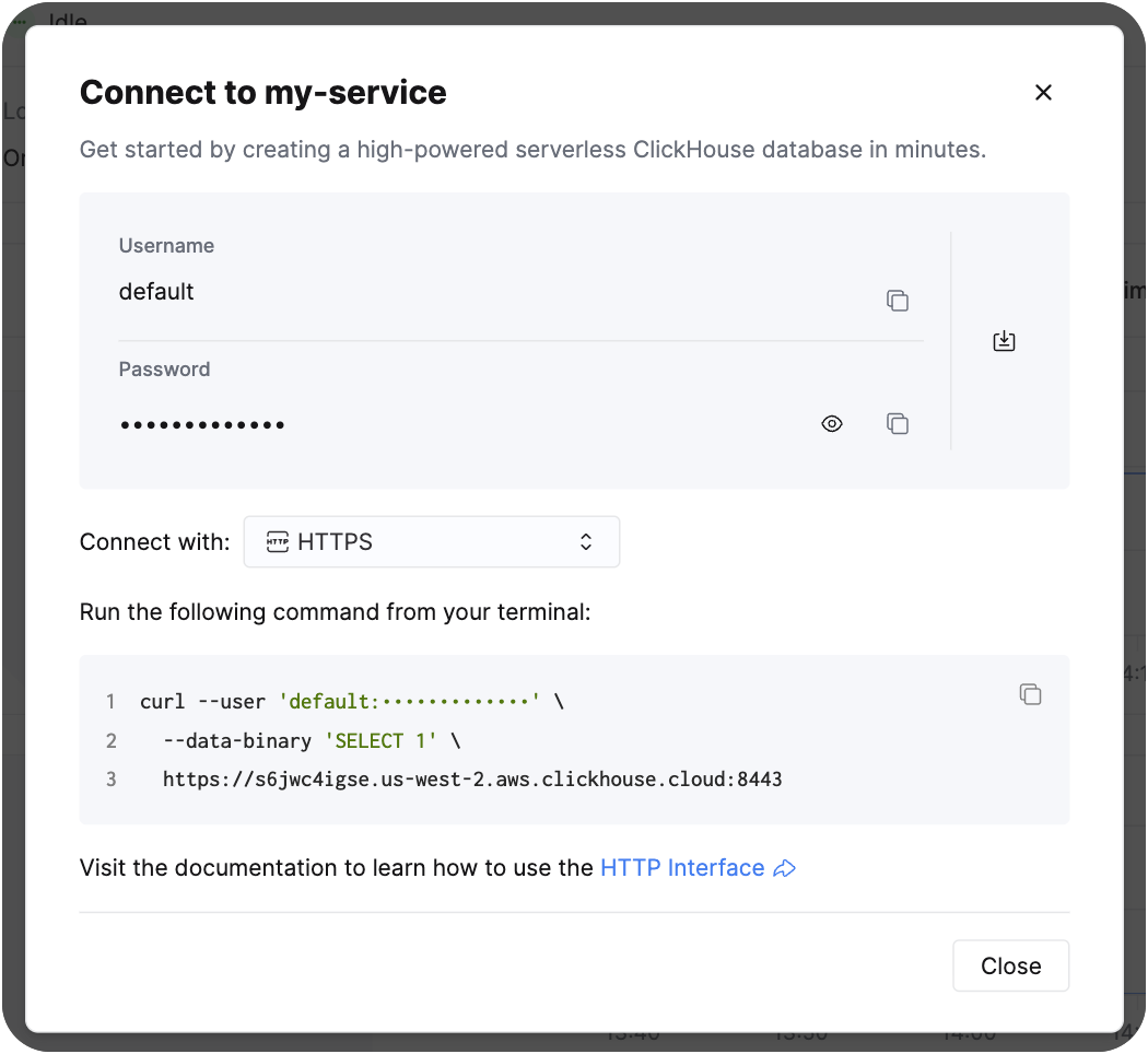 Botón Connect en la consola de ClickHouse Cloud (modo claro)