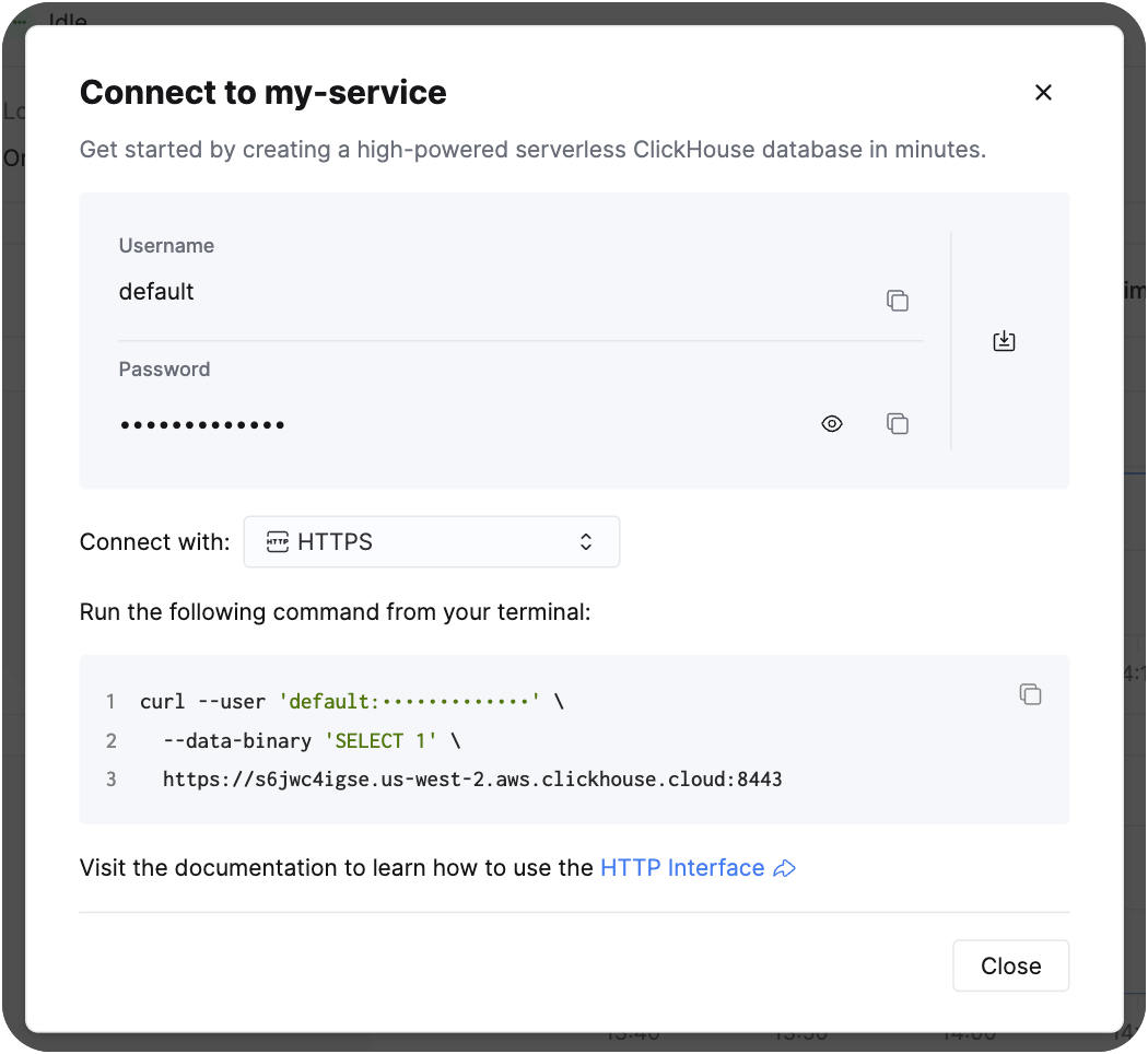Connect button in the ClickHouse Cloud console (light mode)