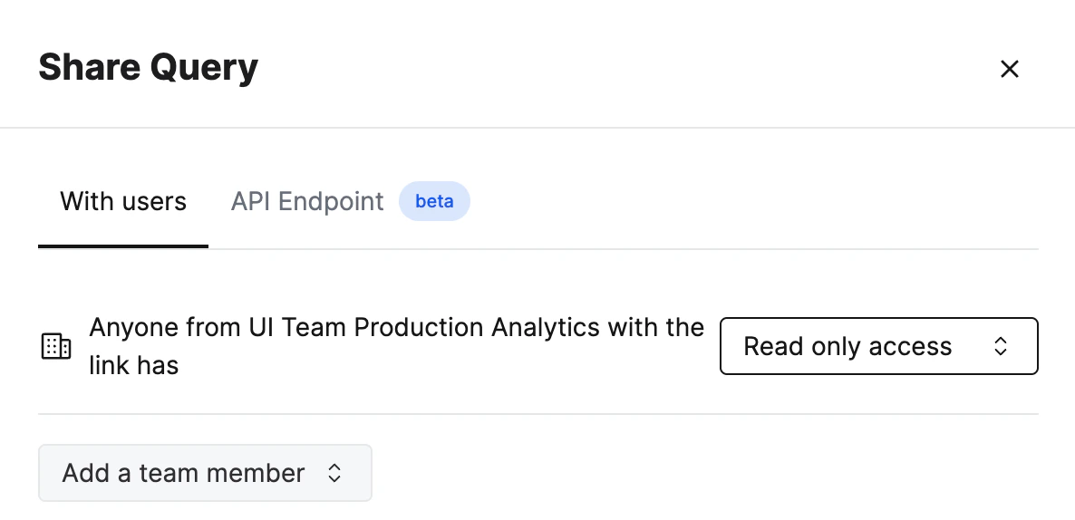 ClickHouse Cloud query editor showing the share functionality with permission options