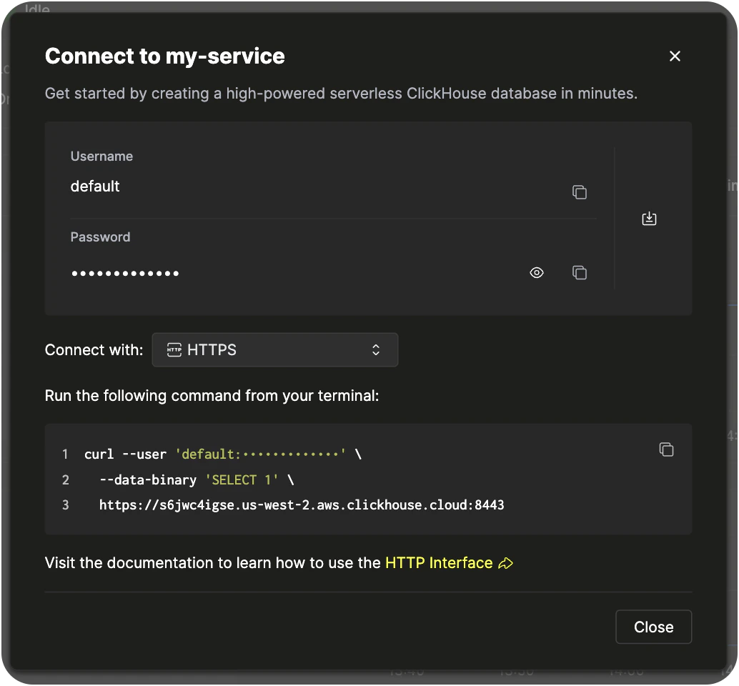 Connect button in the ClickHouse Cloud console (dark mode)