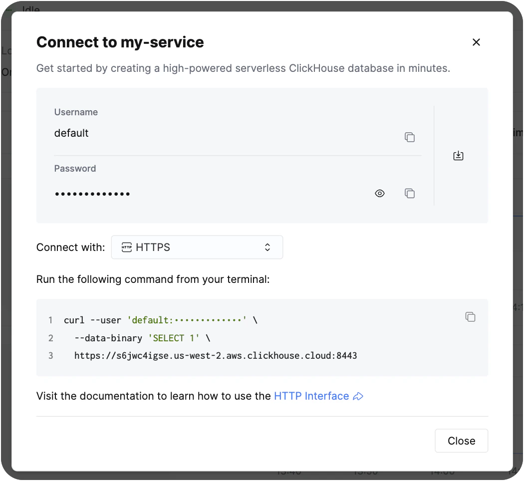 Connect button in the ClickHouse Cloud console (light mode)
