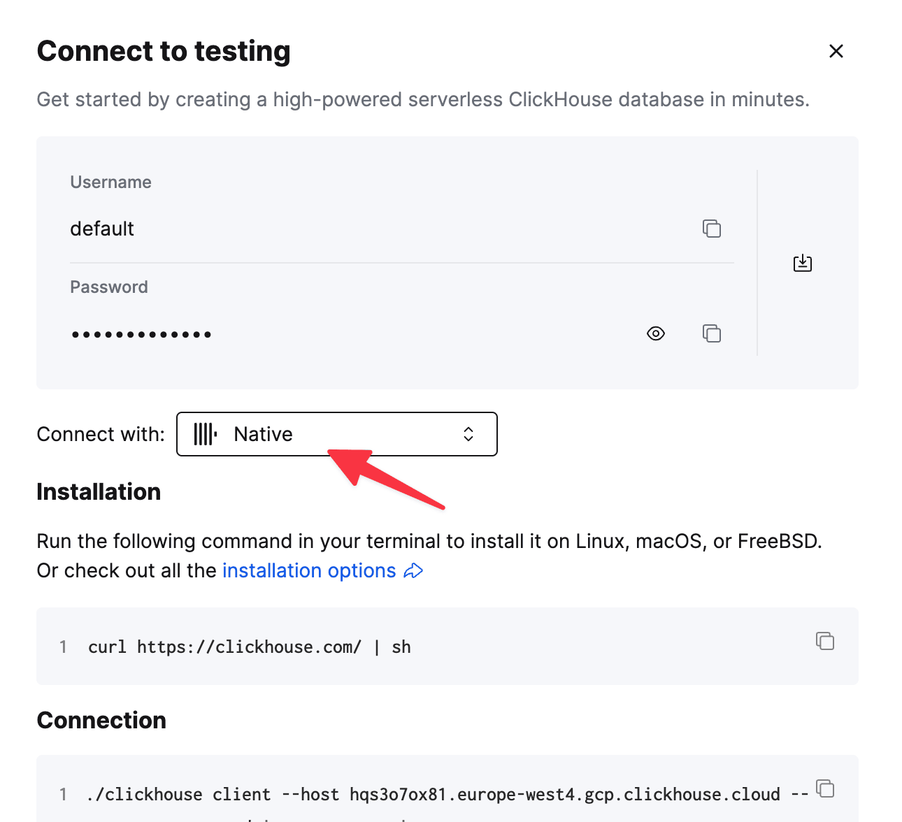 Сведения о подключении Native TCP для ClickHouse Cloud