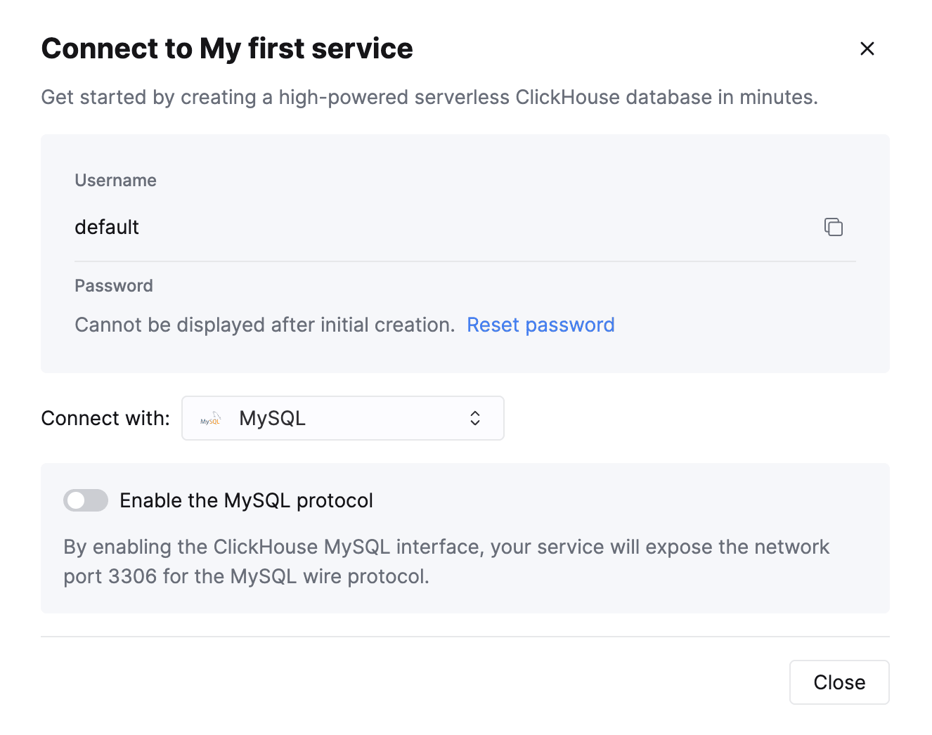 MySQL オプションの選択が表示された ClickHouse Cloud 接続画面