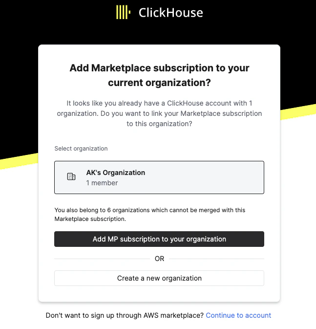 ClickHouse Cloud interface showing how to add a marketplace subscription to an existing organization