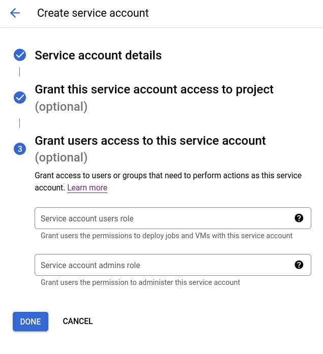 تهيئة إعدادات إضافية لحساب الخدمة الجديد في GCS