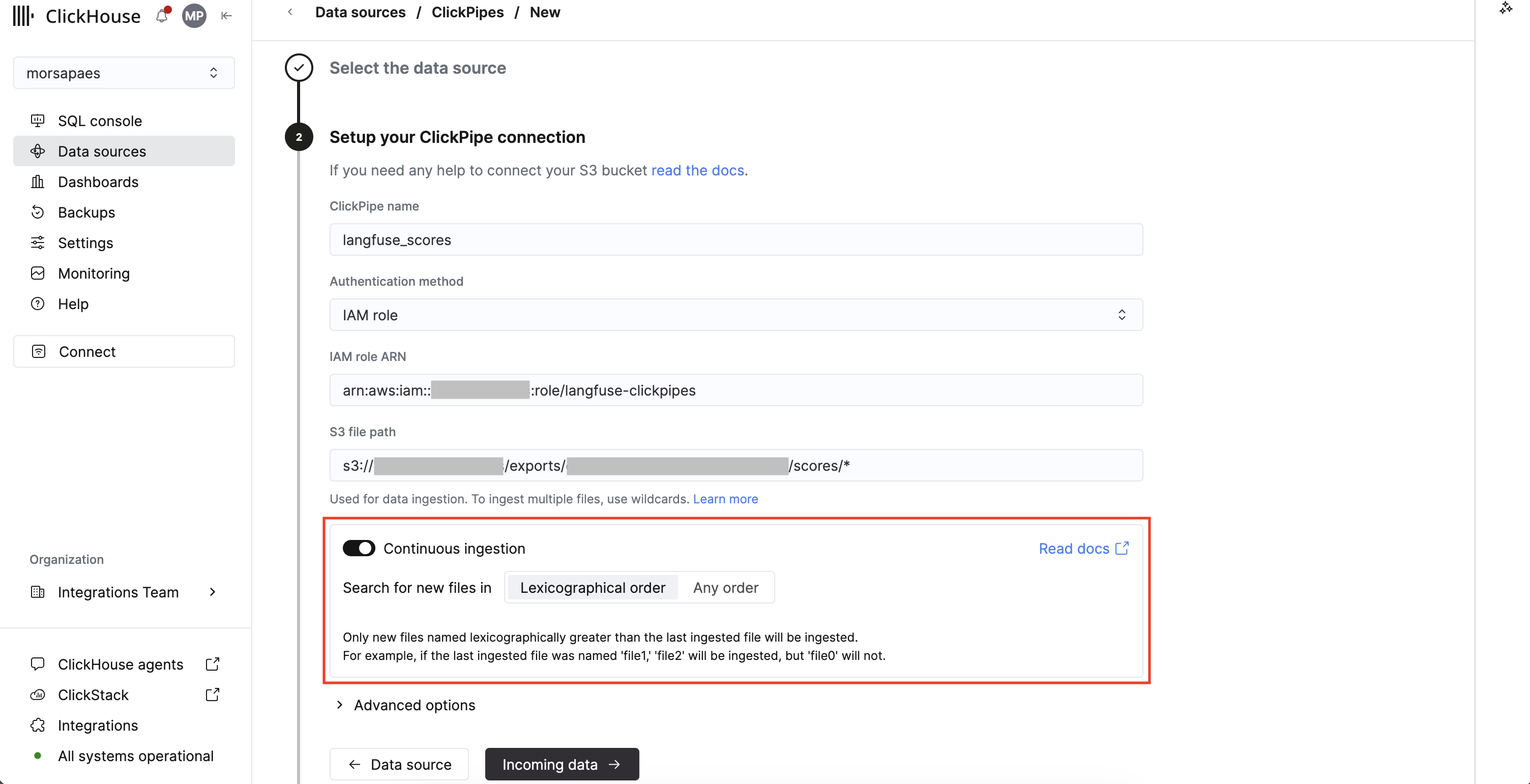 Connection details for a Langfuse export, with continuous ingestion enabled.