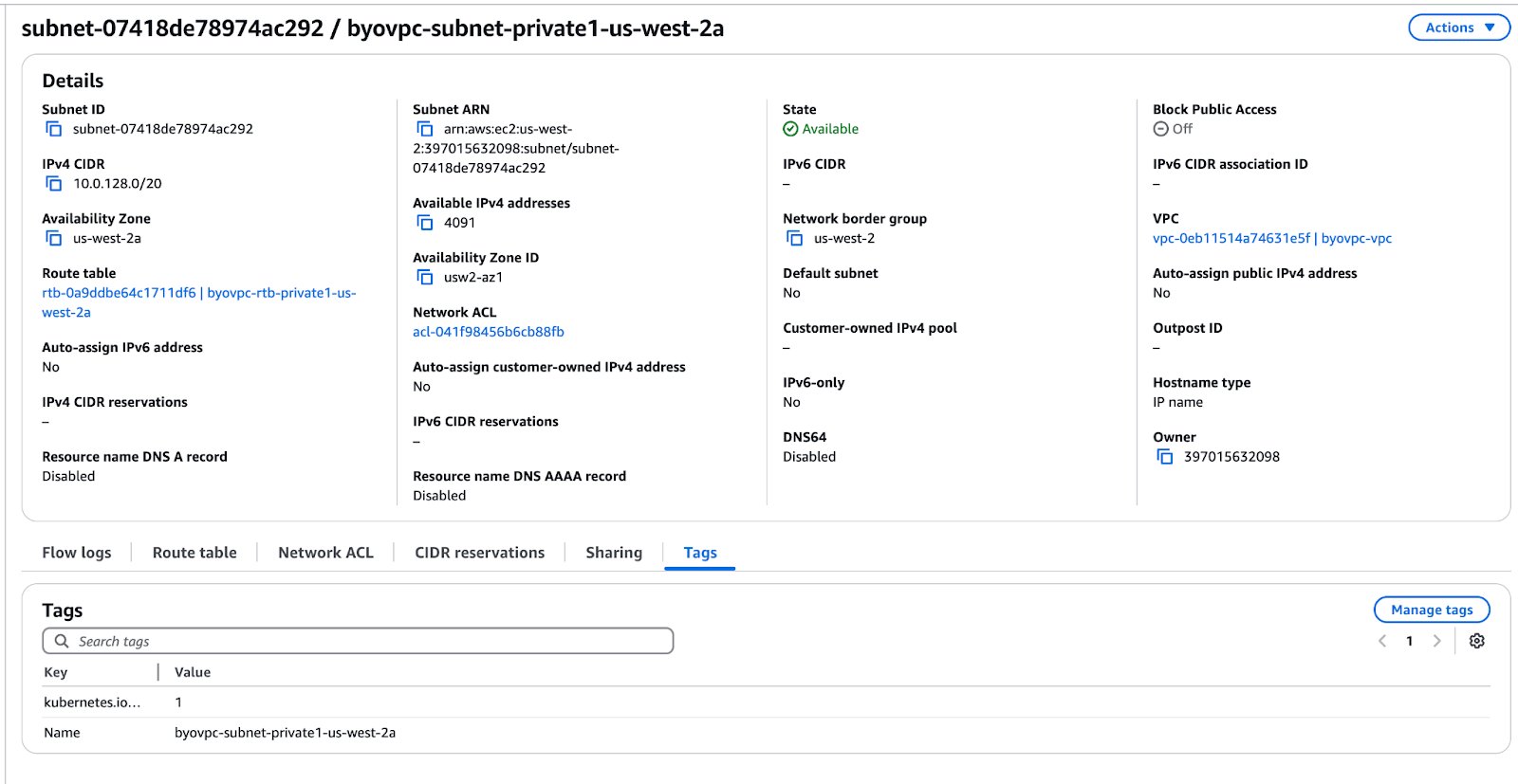 Sous-réseau VPC BYOC