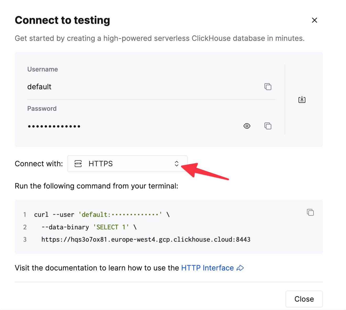 Detalles de conexión HTTPS de ClickHouse Cloud