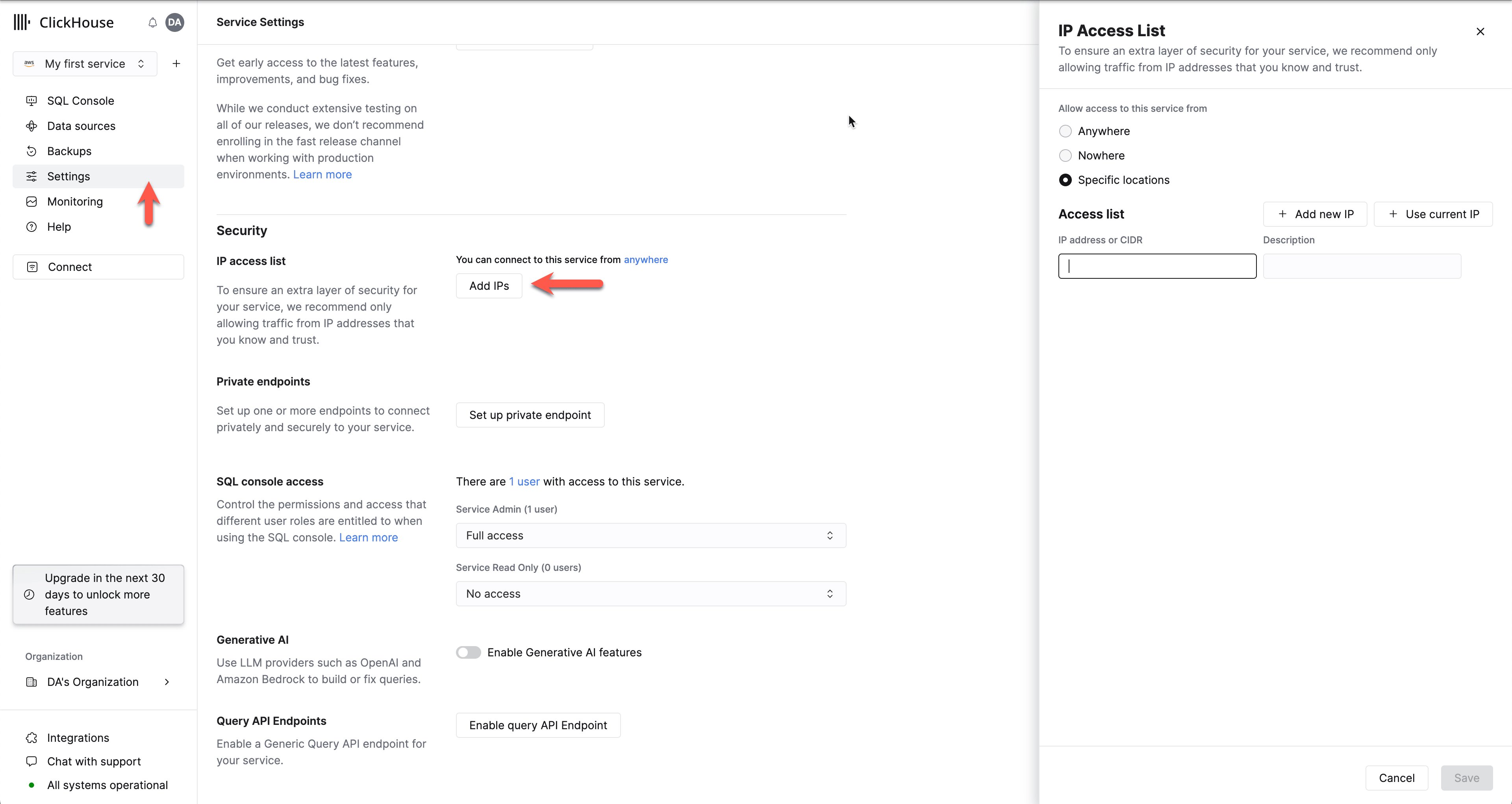 Check to see if the service allows traffic from your IP address in the IP Access List