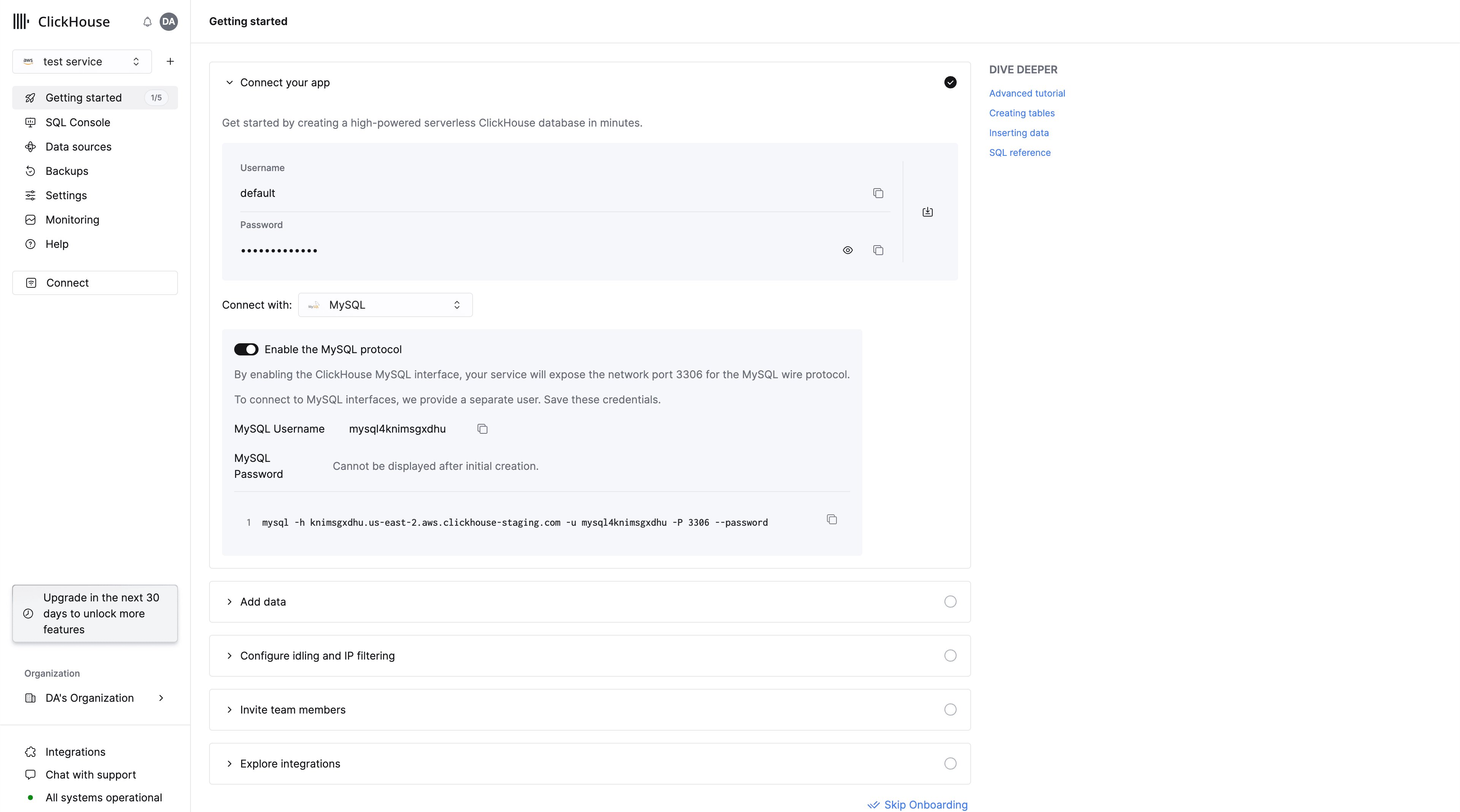 ClickHouse Cloud MySQL interface enabling toggle and connection details