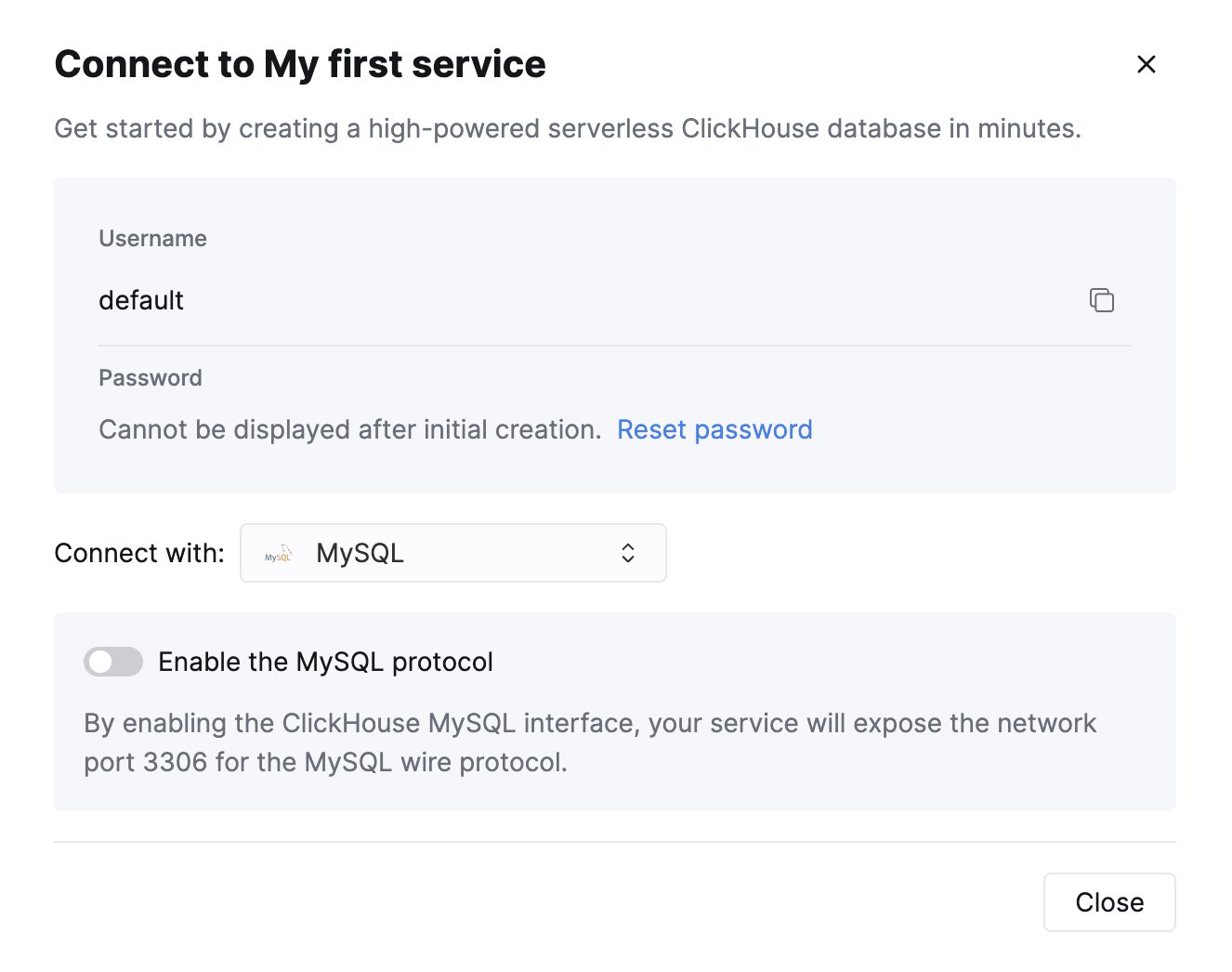 ClickHouse Cloud connection screen showing MySQL option selection