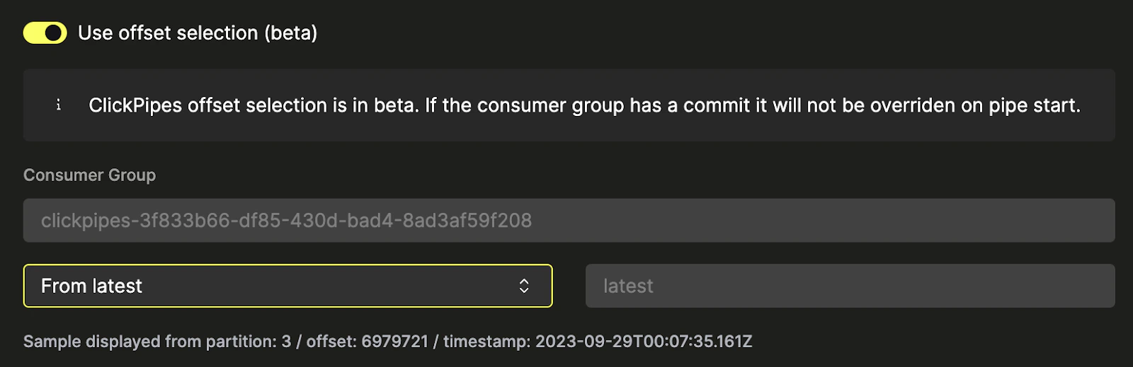ClickPipes Kafka connector configuration interface showing offset selection options
