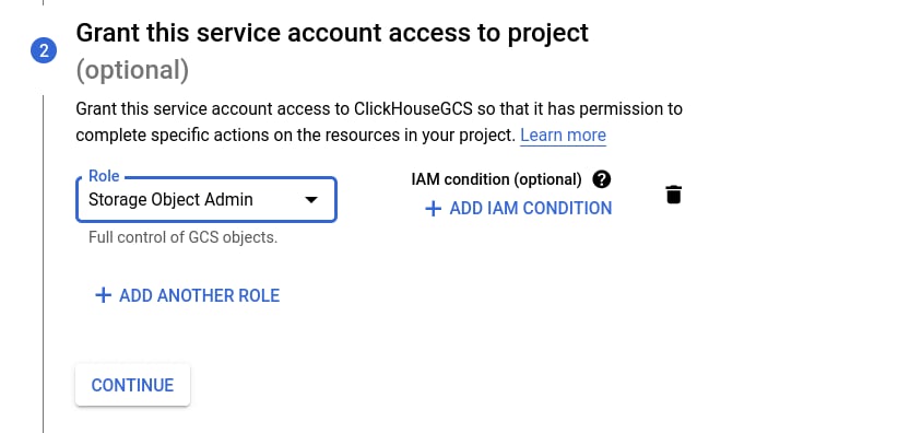 GCS에서 IAM role Storage Object Admin 선택