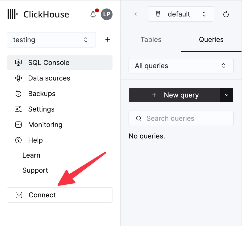 زر Connect لخدمة ClickHouse Cloud
