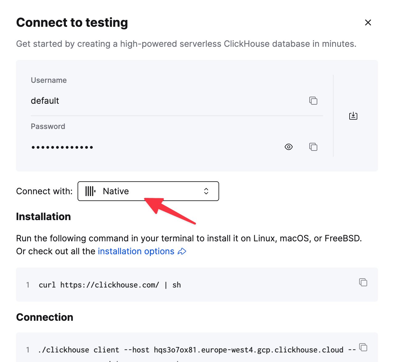ClickHouse Cloud Native TCP connection details