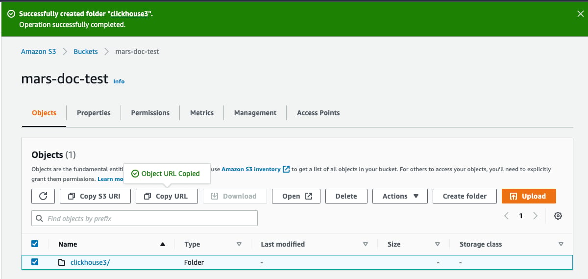Copying the S3 folder URL for ClickHouse configuration