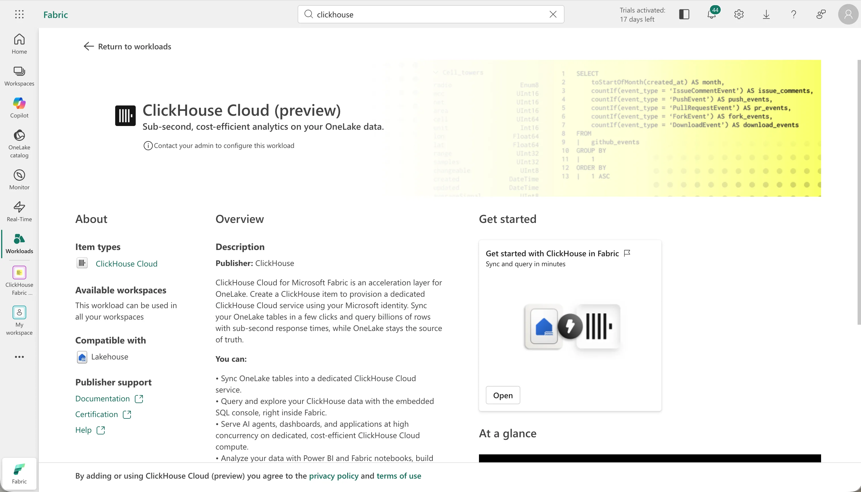 ClickHouse workload page in the Microsoft Fabric workload hub